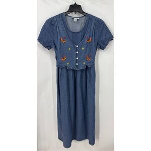 Sophia Rose vintage attached vest w/waist tie, floral Embroidered Denim Dress 14